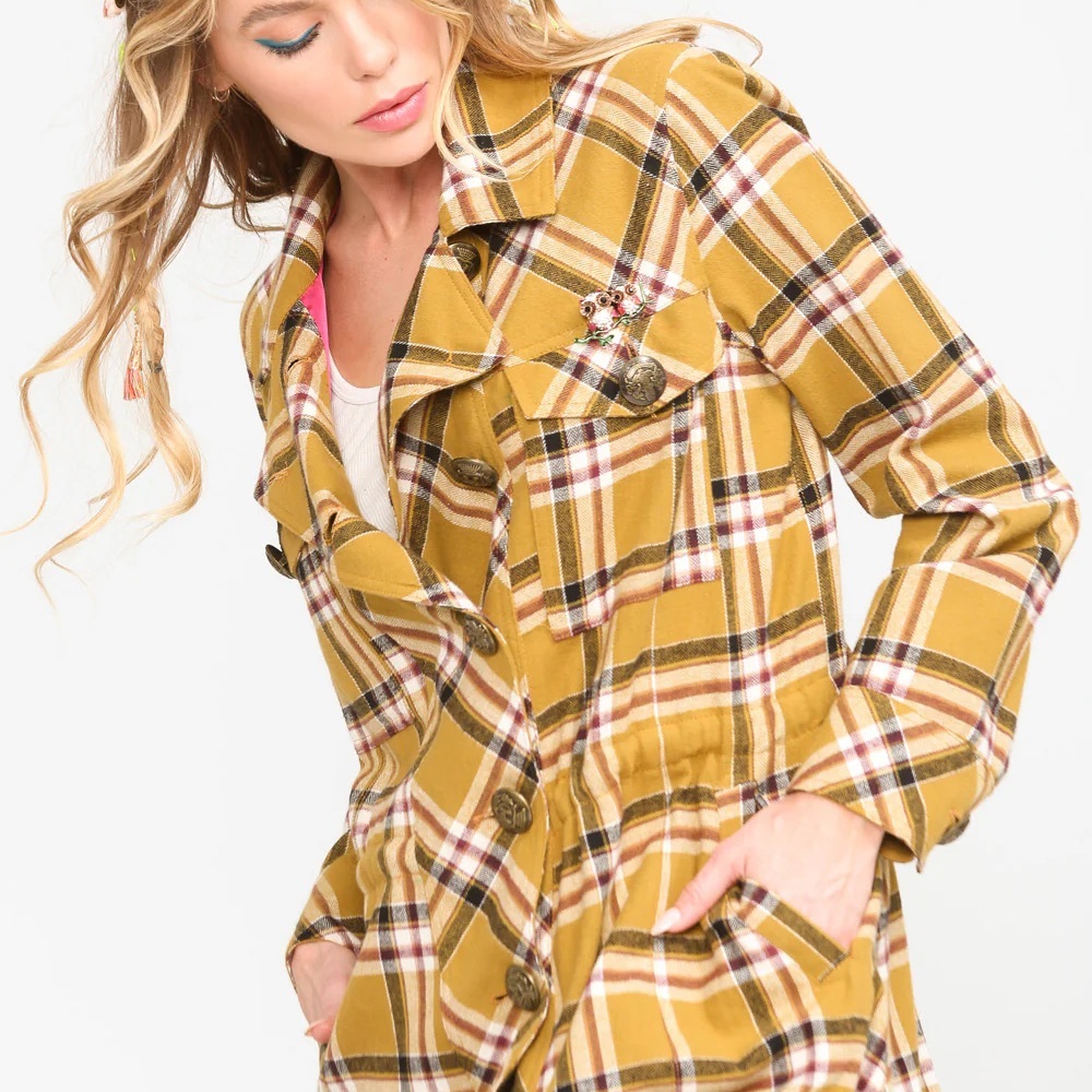 Aratta Mustard Plaid Utility Jacket. Size Medium. NWT